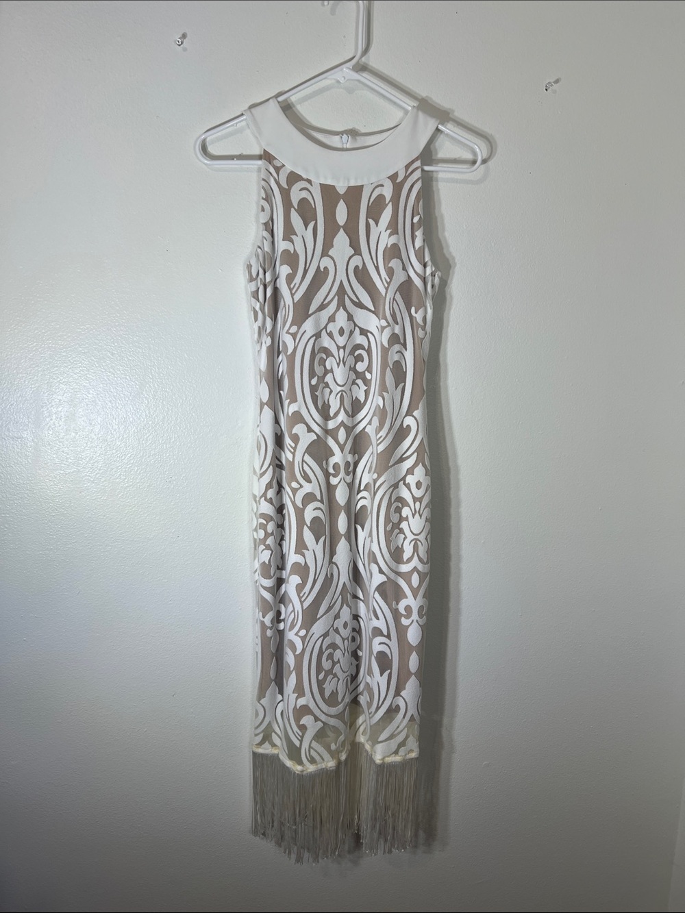 Joseph Ribkoff White and Beige Sleeveless Midi Dress with Fringe